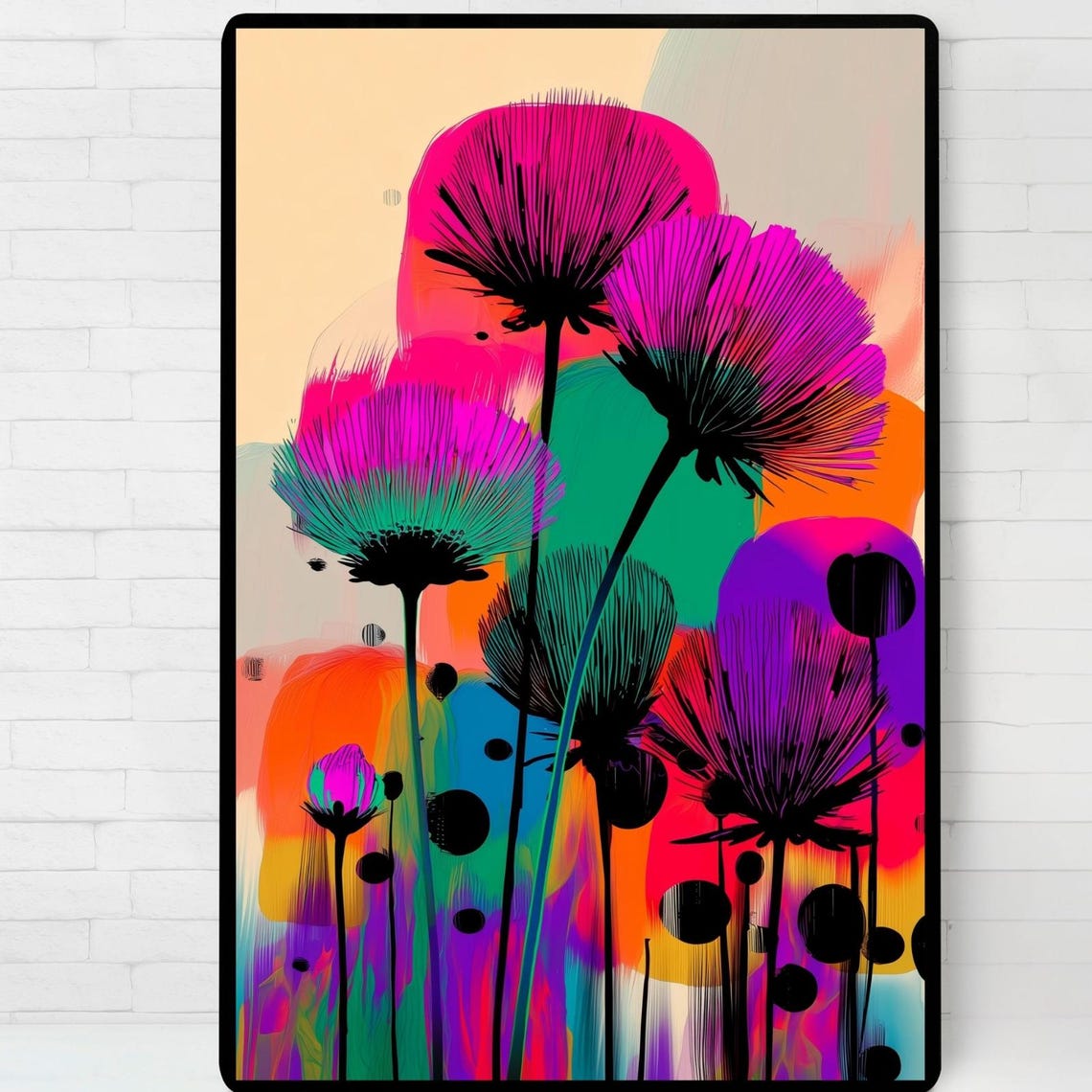 Colorful Abstract Dandelion Thistle Neon Pop Art Flower Poster