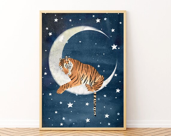 Sleeping Tiger Art Print, Moon and Stars Nursery Decor
