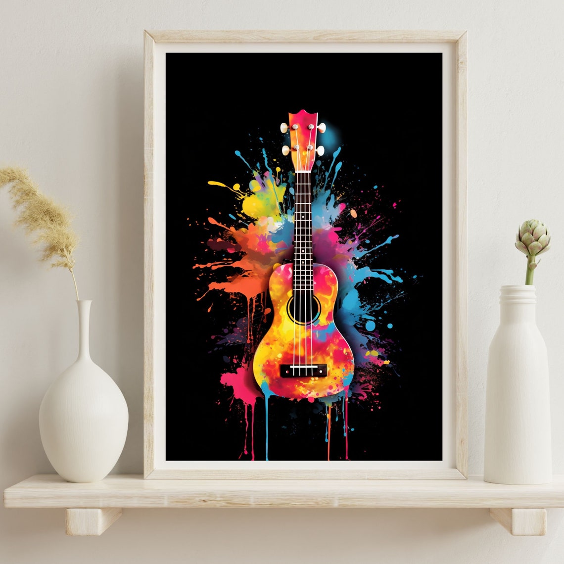 Ukulele Watercolor Splash Rainbow Black Background Music Poster - Image 2