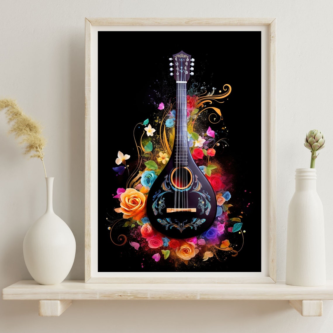 Bouzouki Floral Watercolor String Instrument Black Music Poster - Image 3