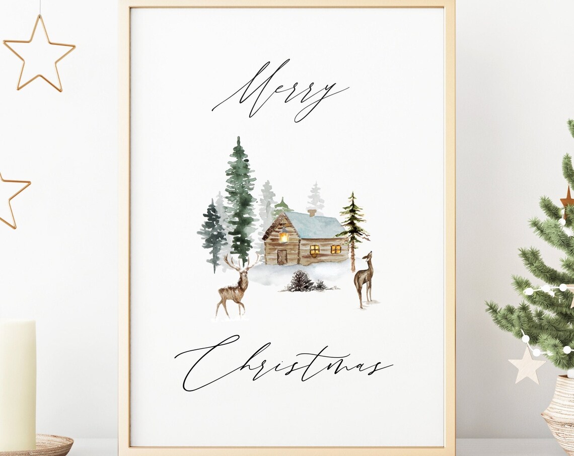 Merry Christmas Watercolor Cabin Deer Pines Cozy Holiday Art Poster