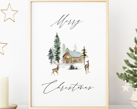 Merry Christmas Watercolor Cabin Deer Pines Cozy Holiday Art Poster