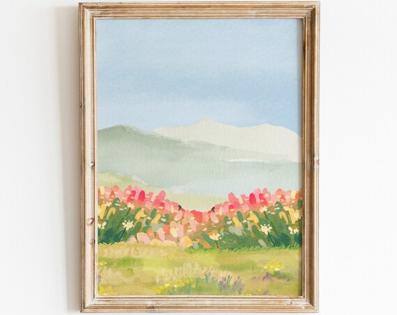 Tulip Field Watercolor Pink Spring Meadow Landscape Wall Art
