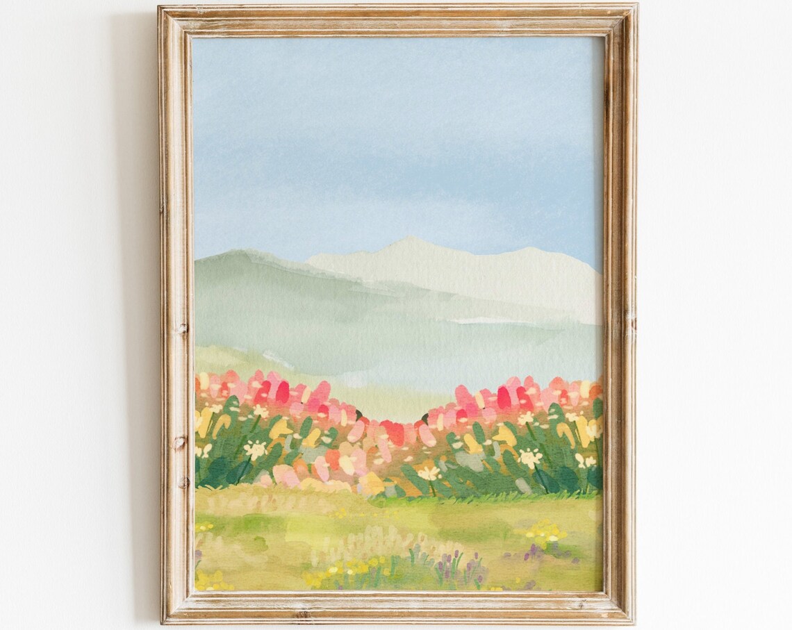 Tulip Field Watercolor Pink Spring Meadow Landscape Wall Art