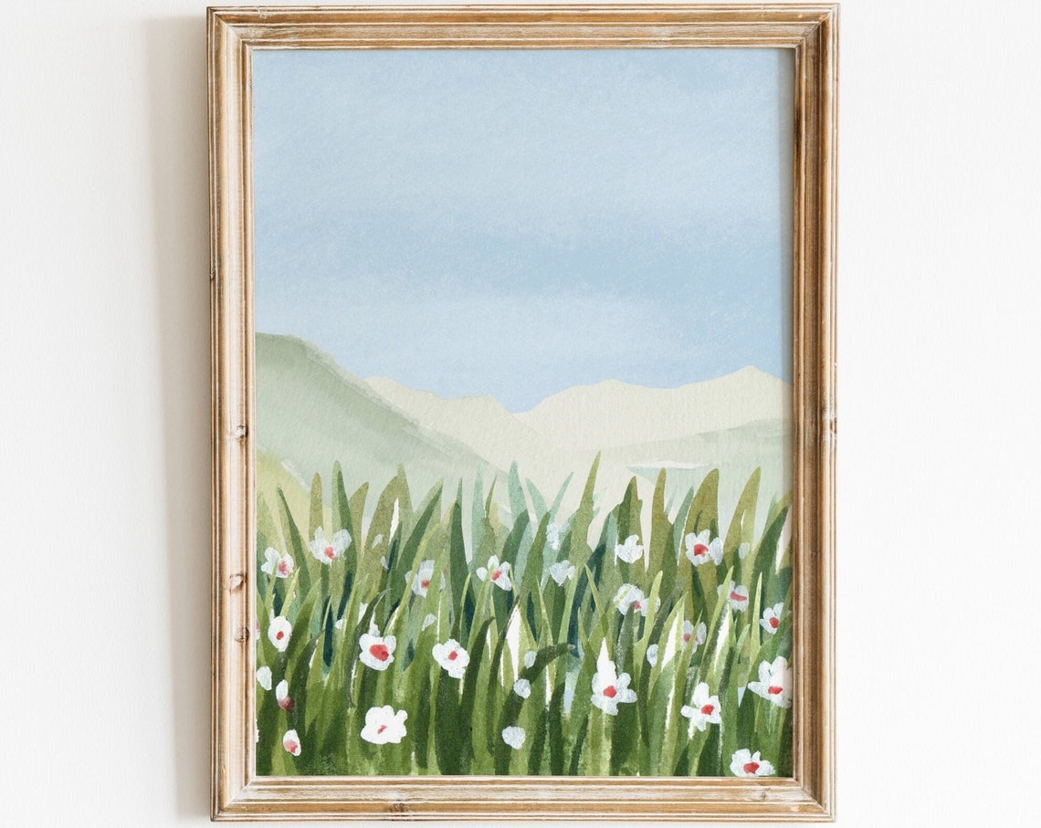 Wildflower Meadow Watercolor Mountain Landscape Spring Wall Art