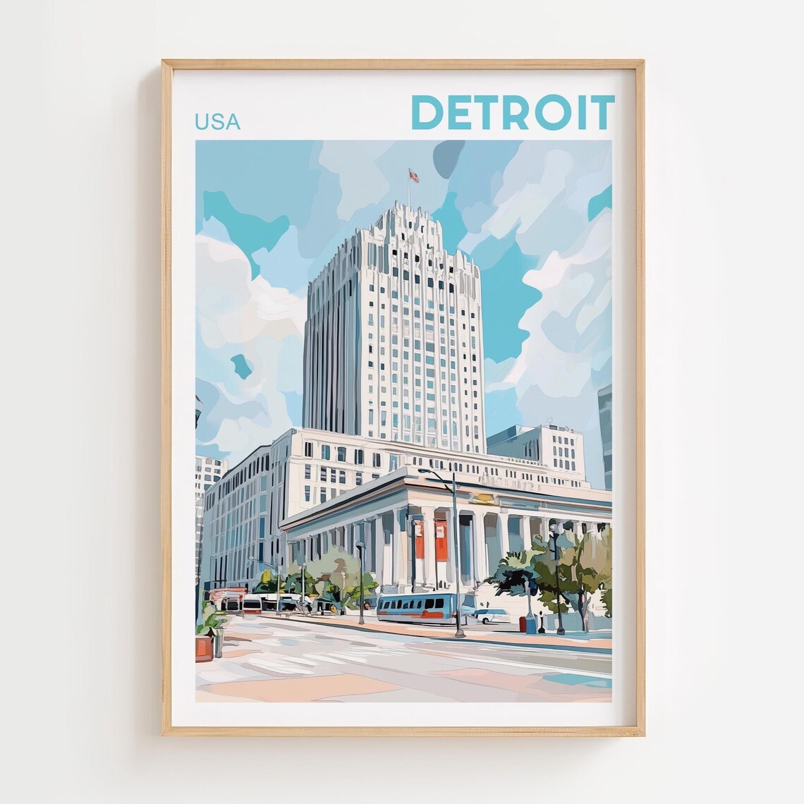Detroit Michigan Art Deco Tower Downtown Street Watercolor Poster