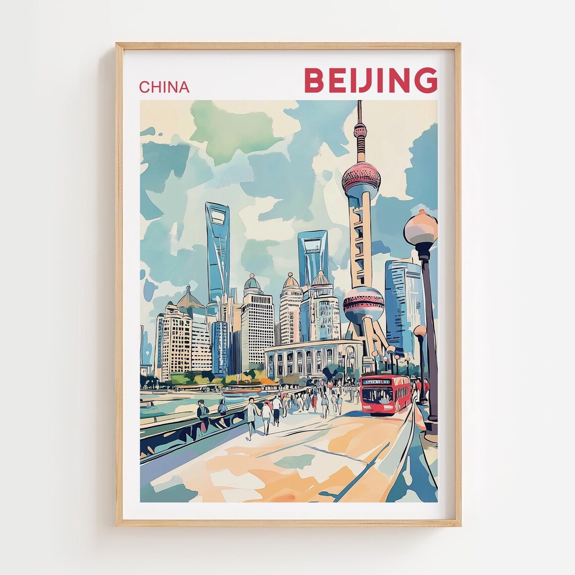 Shanghai China Oriental Pearl Tower Bund Skyline Watercolor Poster