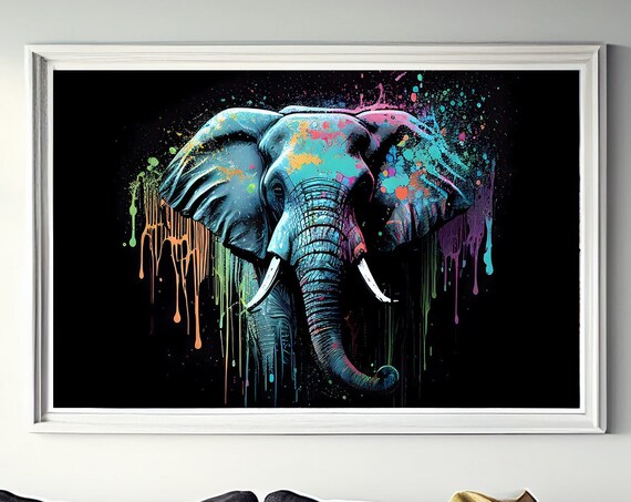Elephant Neon Paint Splash Portrait on Black Background Poster
