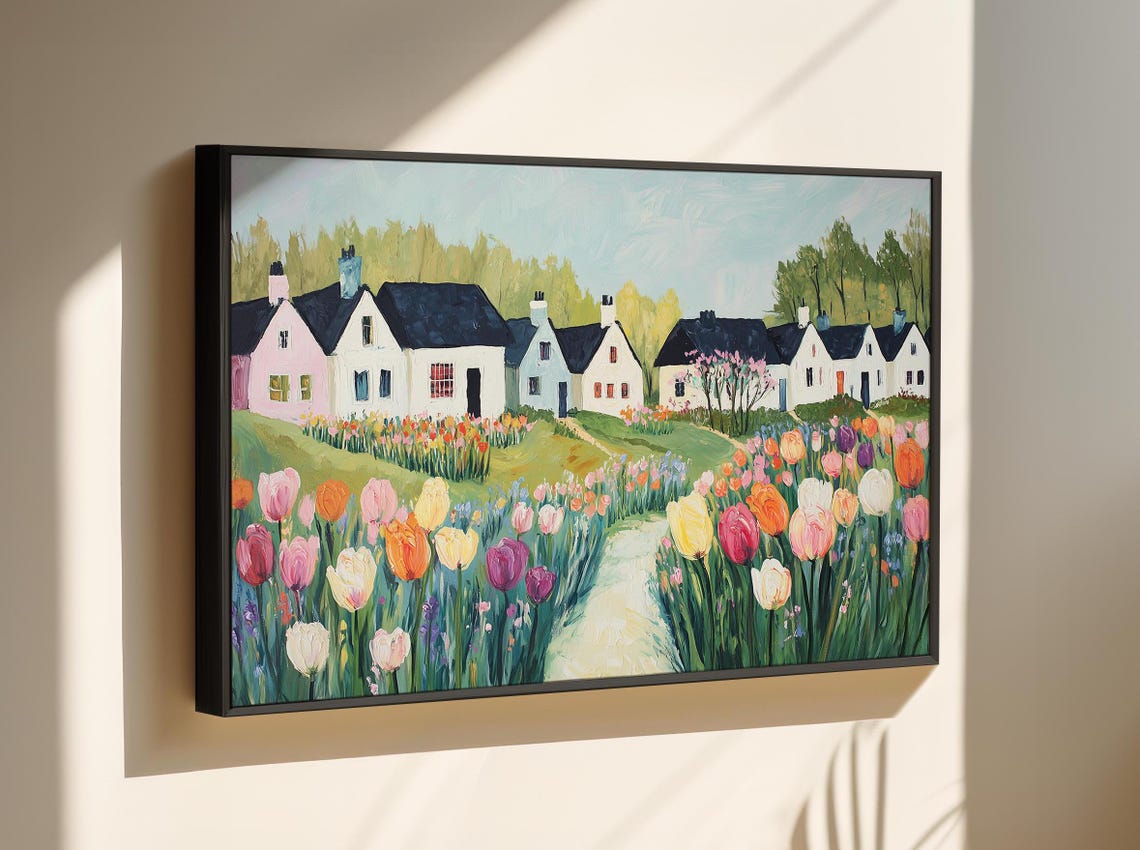 White Cottages and a Tulip Garden Path Countryside Landscape Poster