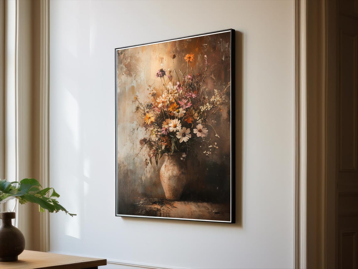 Moody Wildflower Bouquet in a Rustic Vase Still Life Scene Poster - Image 2