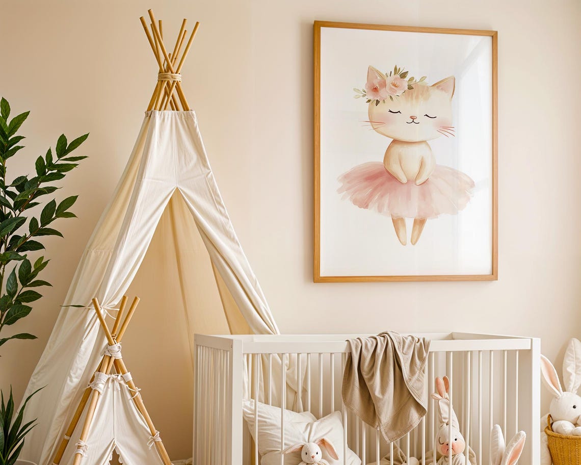 Peaceful Sweet Sleeping Kitty Ballerina Tutu Nursery Art Poster