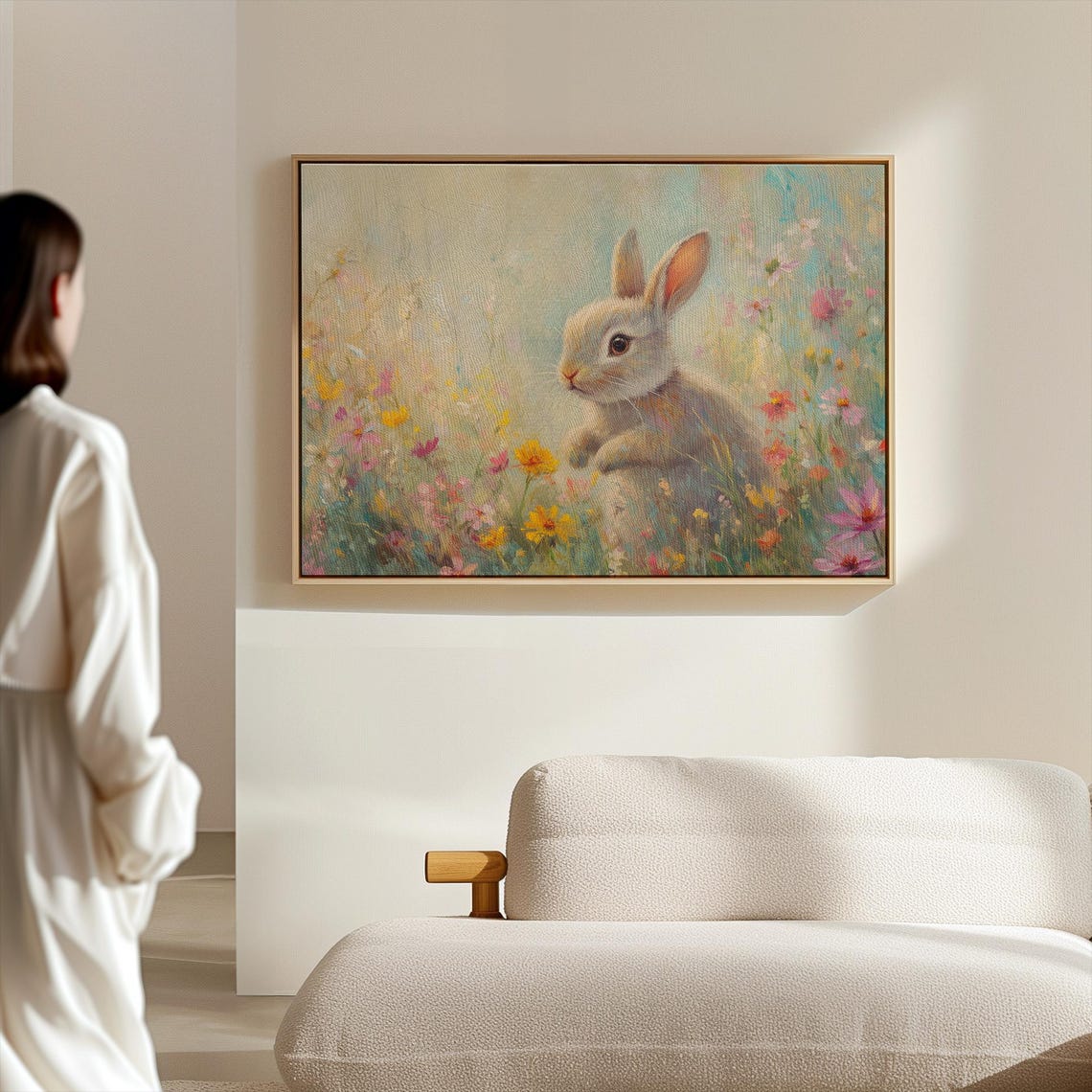 Playful Gray Bunny in a Bright Wildflower Meadow Scene Art Poster - Image 4