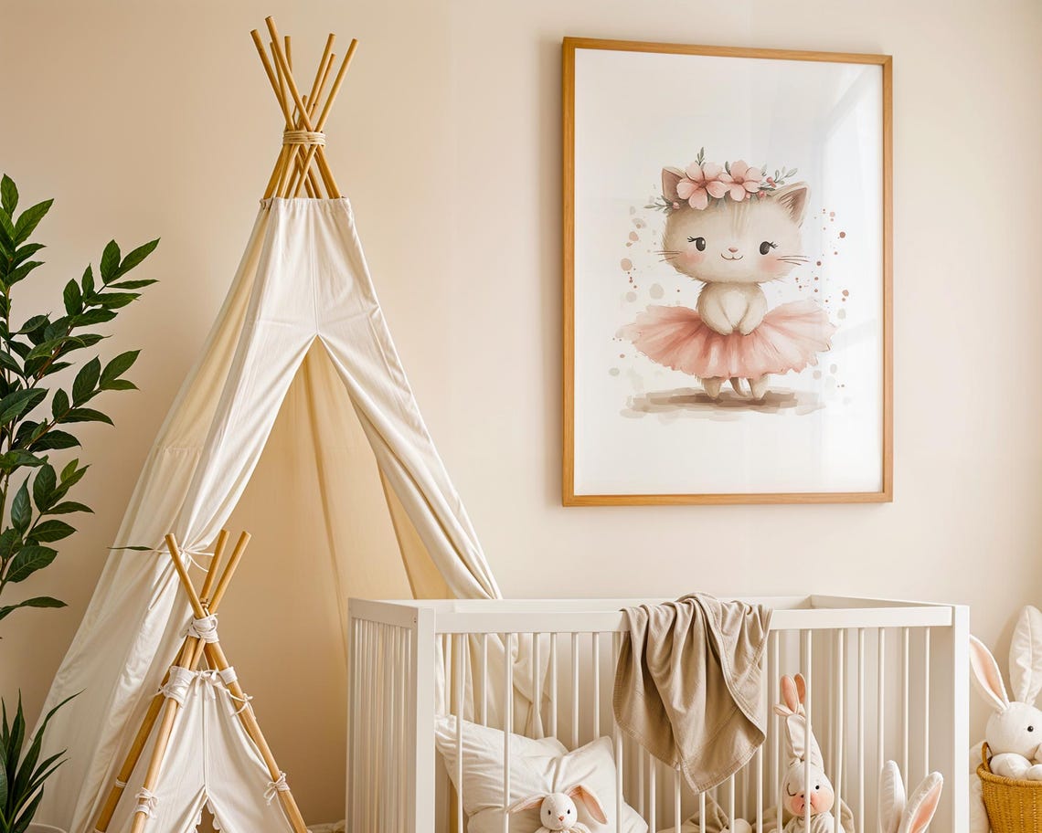 Gentle Kitten Ballerina with Pink Flower Crown Nursery Art Poster - Image 3