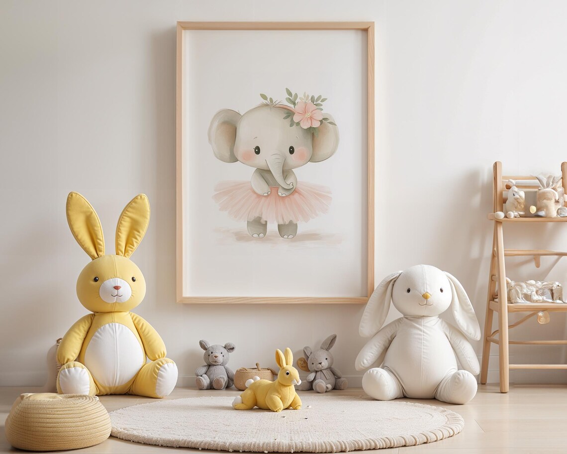 Enchanting Baby Elephant Ballerina Flower Crown Nursery Art Poster - Image 3