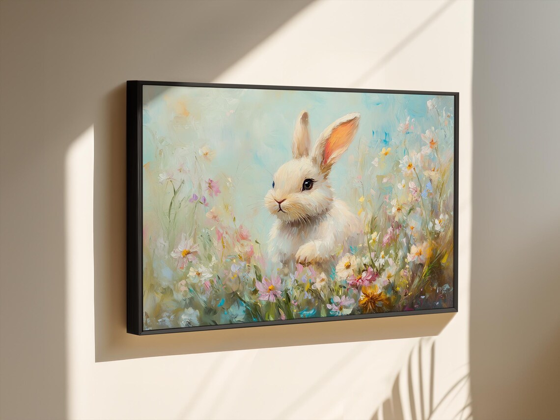 Sweet White Bunny Among Soft Pastel Wildflowers Spring Art Poster - Image 2
