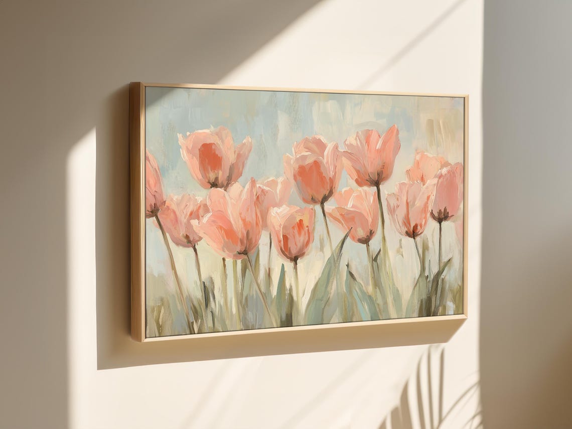 Soft Pink Tulips in an Impressionist Spring Garden Field Poster - Image 3