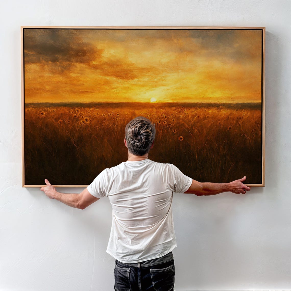 Golden Sunset Glow Over an Endless Sunflower Field Path Poster - Image 4