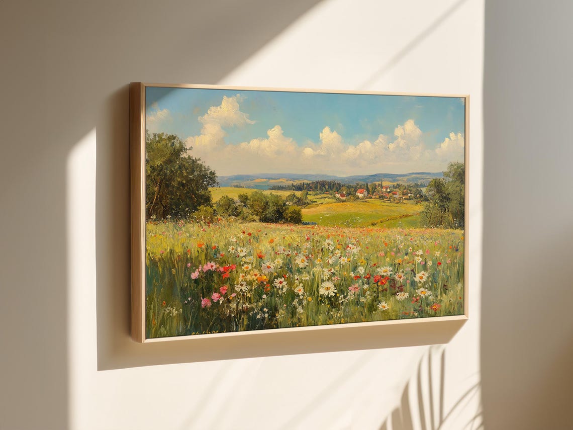 Vintage Wildflower Meadow Overlooking a Distant Village Poster - Image 2