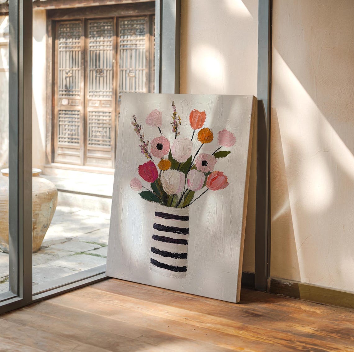 Cheerful Wildflower Bouquet Striped Vase Modern Floral Wall Art