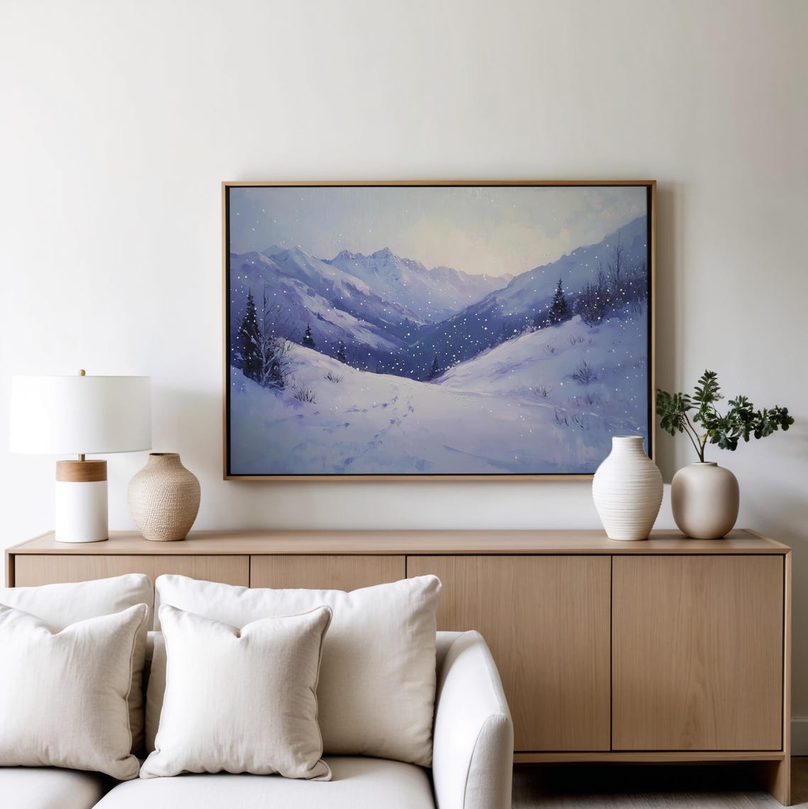Snowy Mountain Valley at Dusk With Gently Falling Snow Poster - Image 5