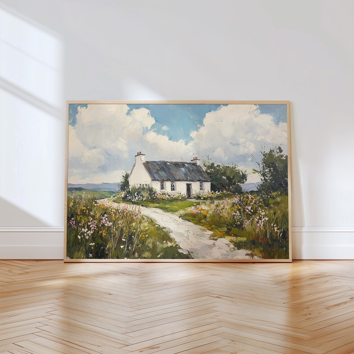 White Country Cottage With a Flower Lined Garden Path Poster - Image 2