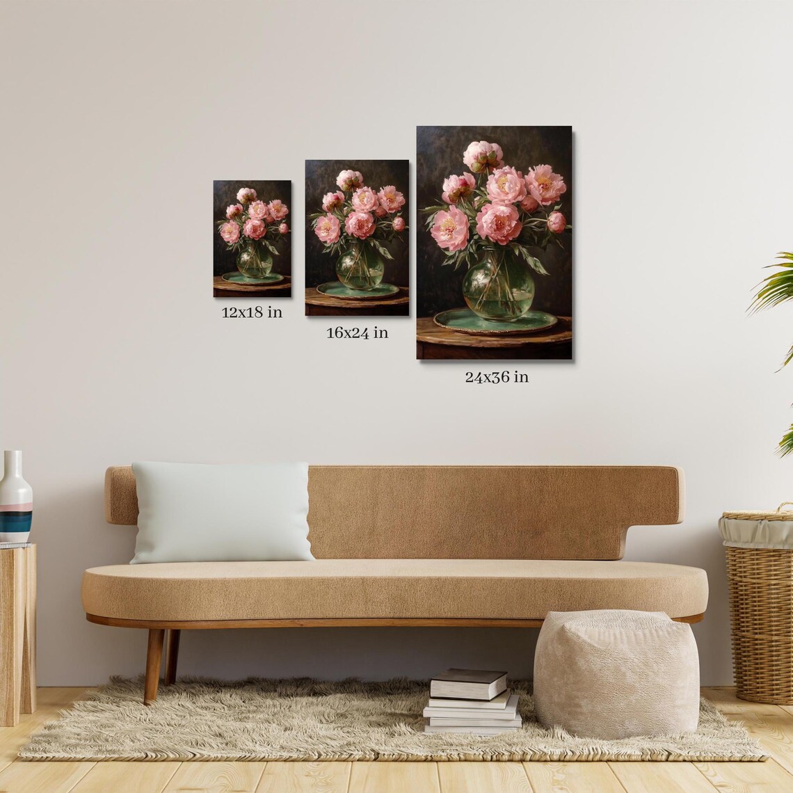 Pink Peonies in a Green Glass Vase Moody Still Life Art Poster - Image 2
