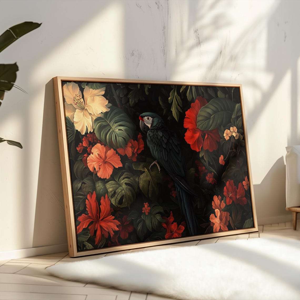 Dark Jungle Macaw Parrot Tropical Hibiscus Flower Art Poster - Image 3