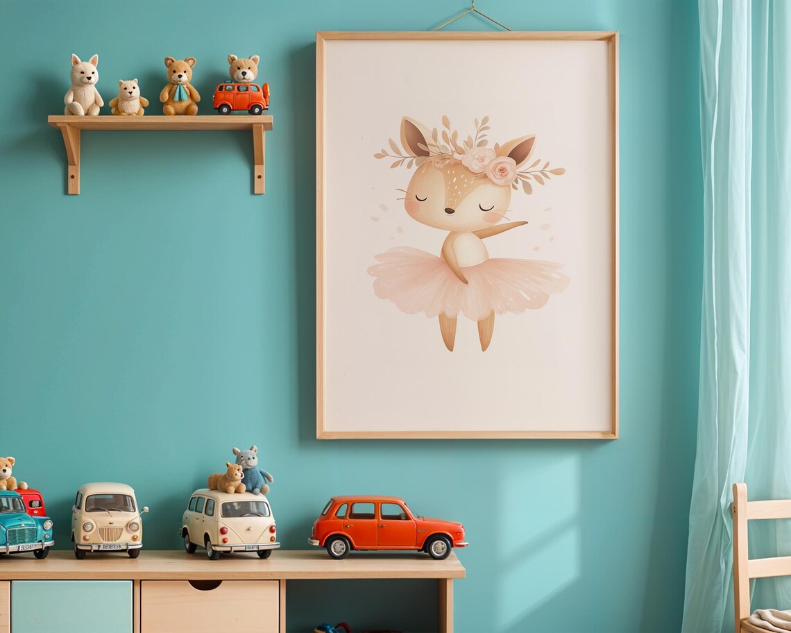 Sweet Ballerina Fawn Watercolor Nursery Wall Art in Pink Tutu - Image 2