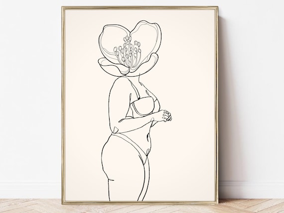 Curvy Flower Head Woman Minimalist Line Art Feminine Body Poster