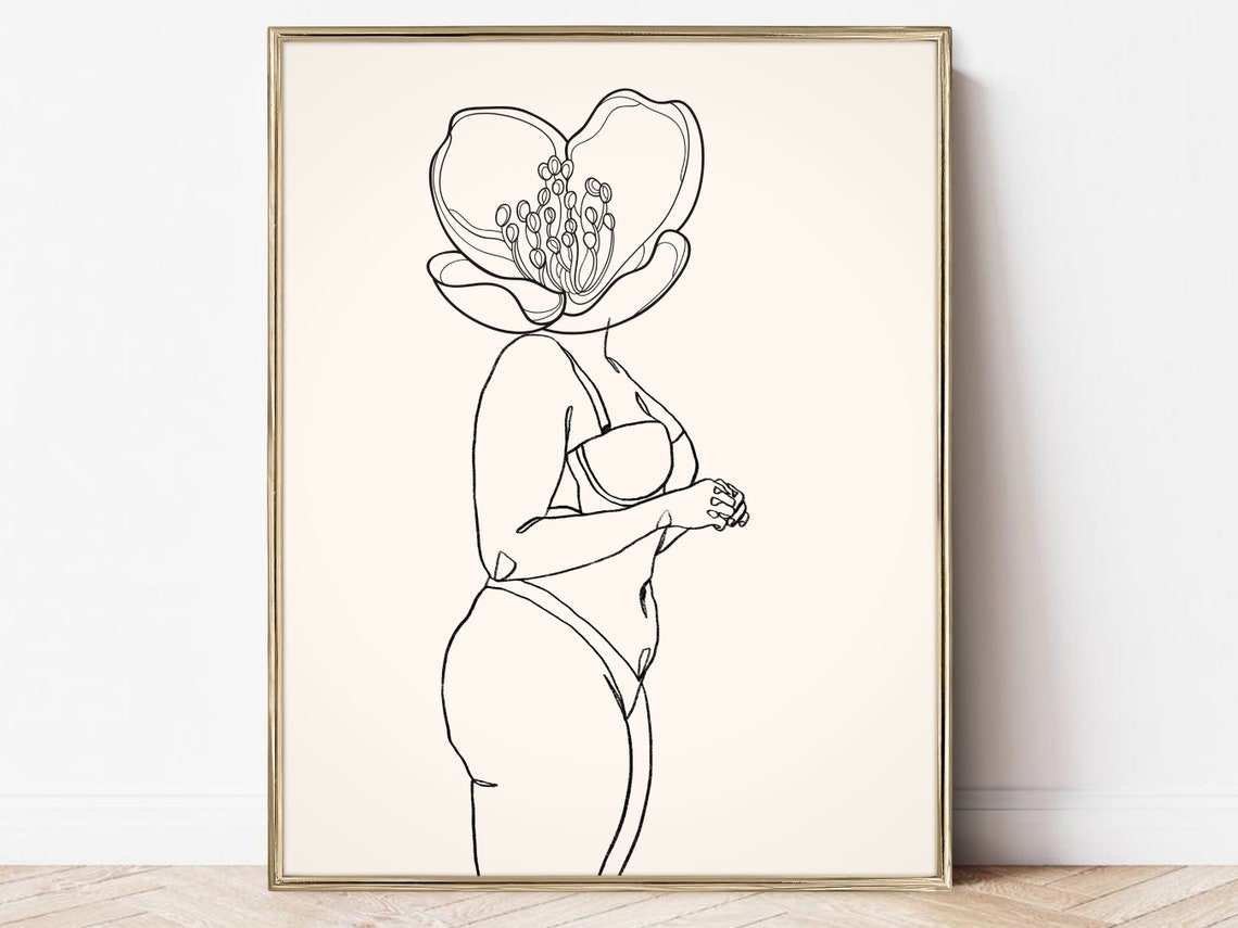 Curvy Flower Head Woman Minimalist Line Art Feminine Body Poster