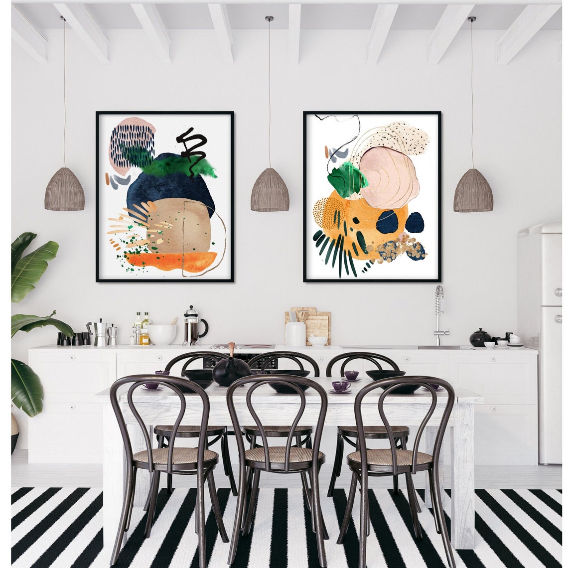 Navy Blush Green Orange Abstract Watercolor Patterned Modern Poster - Image 3