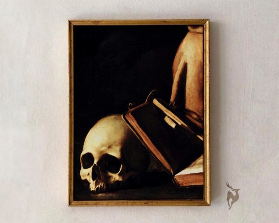 Dark Academia Decor Skull Painting Goth Art Print Altered Skeleton Wall Antique Oil Vintage