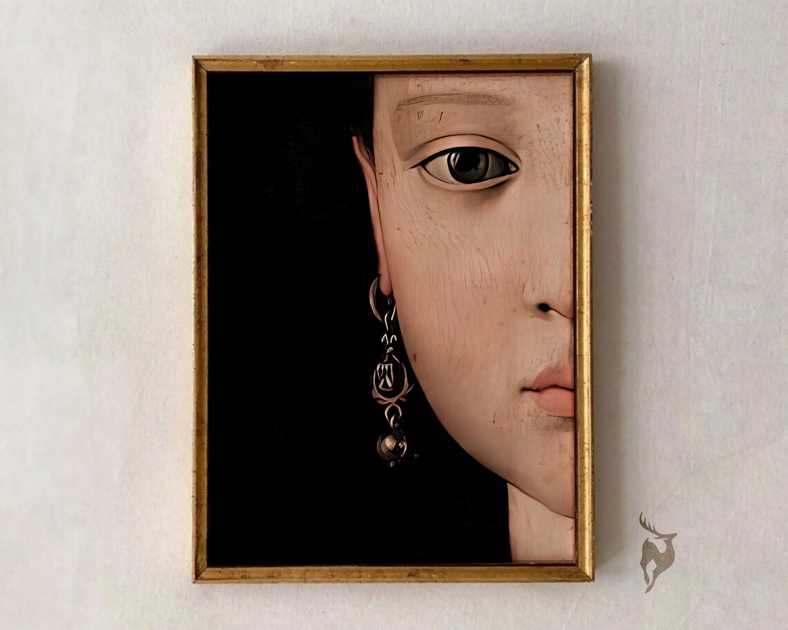 Baroque Half Face Earring Close Up Dark Moody Vintage Portrait Wall Art