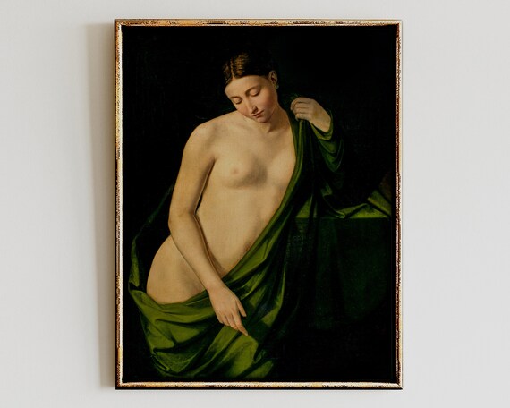 Renaissance Nude Woman Green Drapery Classical Oil Portrait Poster