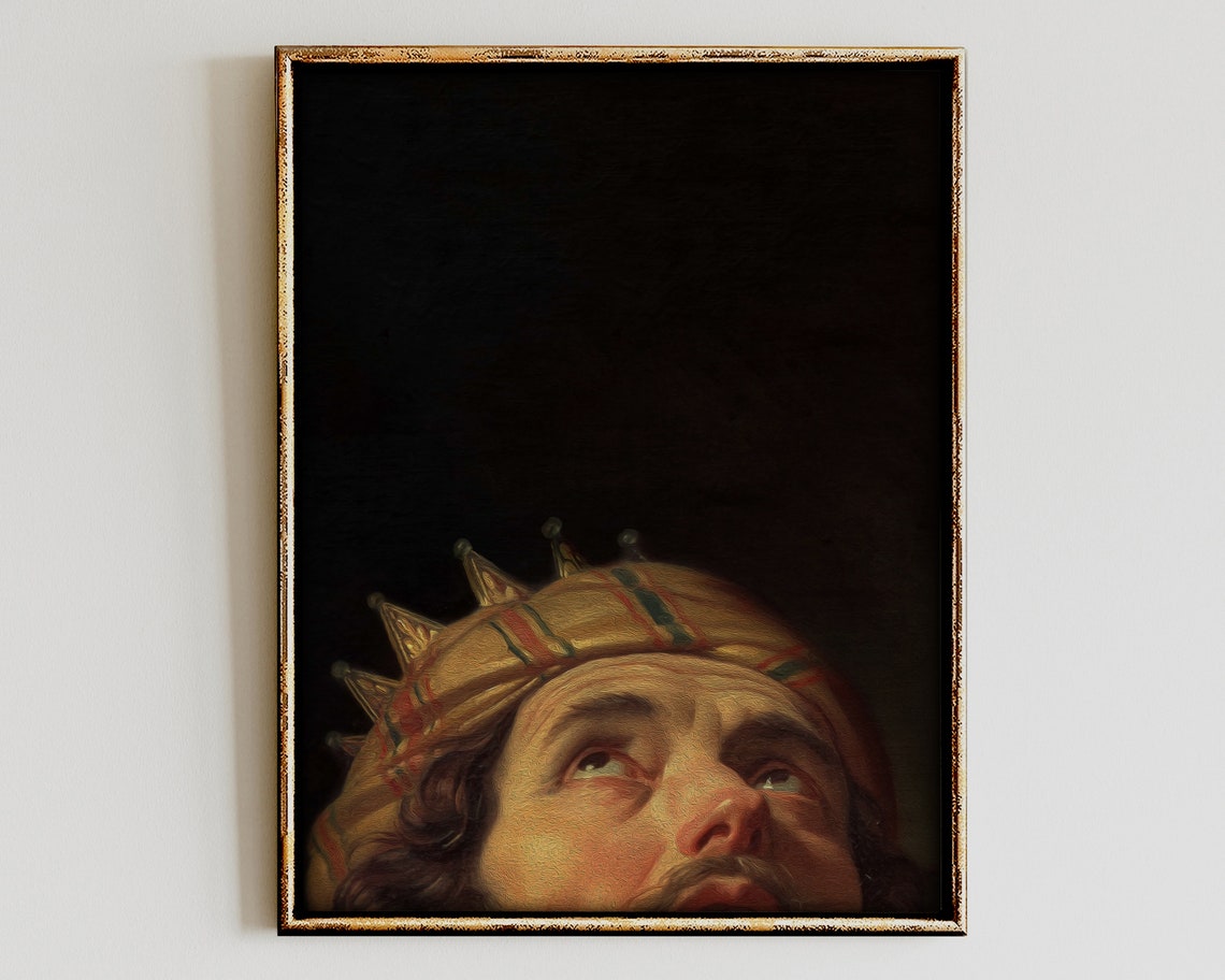 Crowned Figure Gazing Upward Baroque Style Dark Background Art Poster