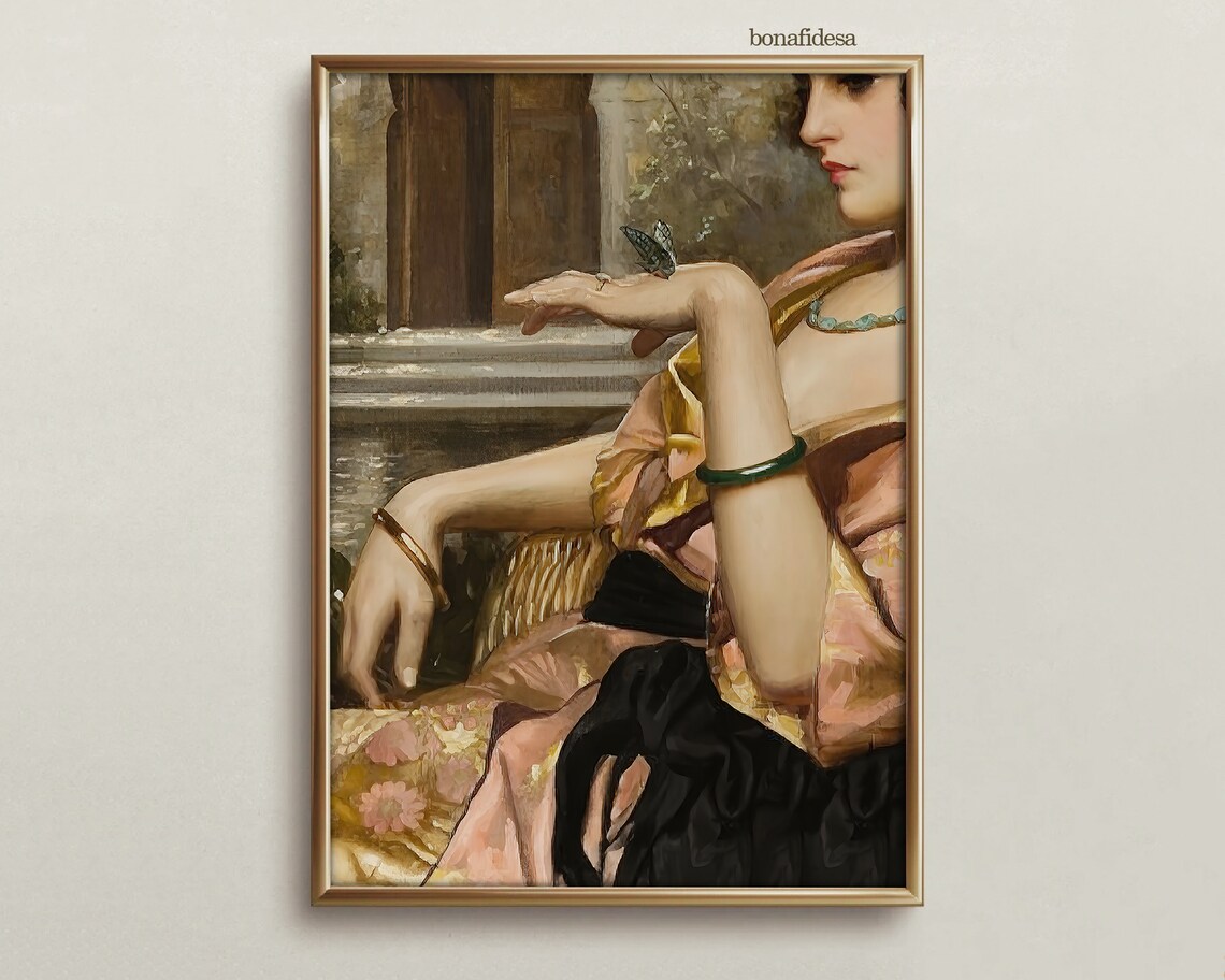 Altered Vintage Portrait Of Woman With Butterfly Romantic Wall Art