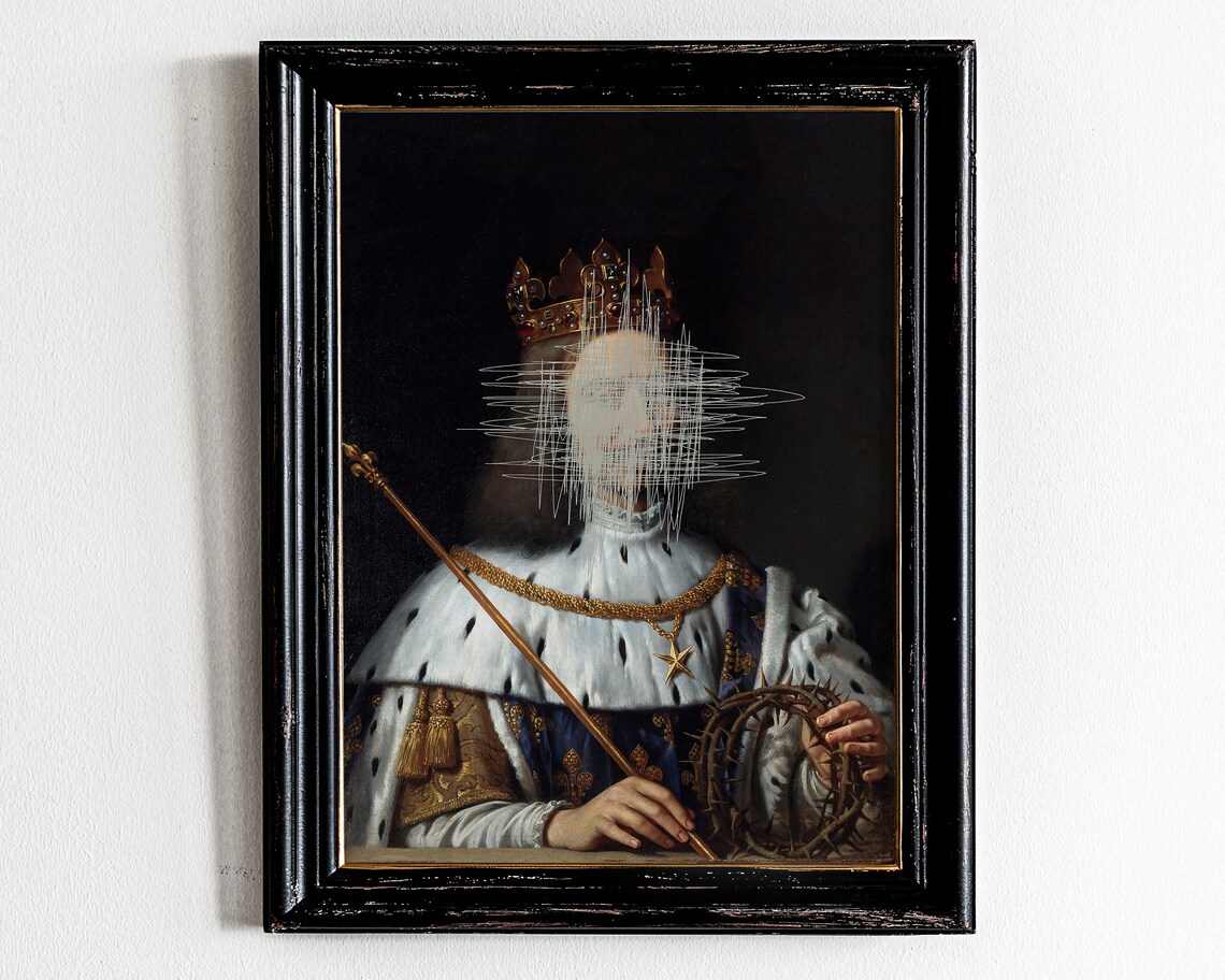 Altered Royal Portrait Crowned King Face Scribbled Out Modern Art Poster