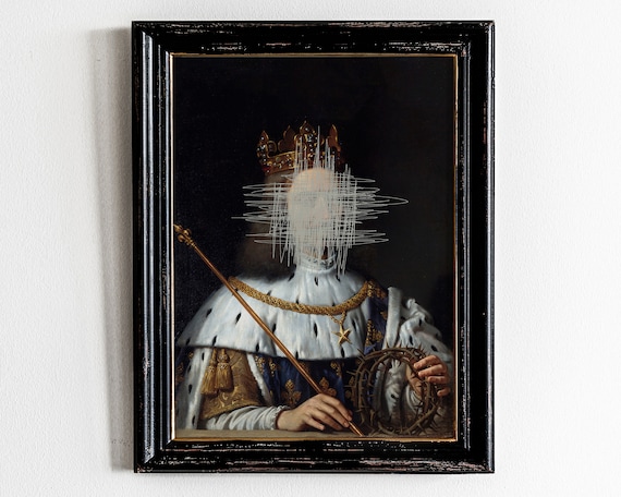 Altered Royal Portrait Crowned King Face Scribbled Out Modern Art Poster