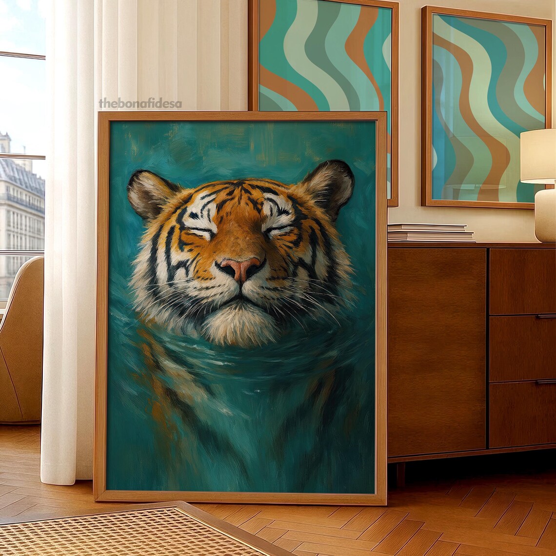 Tiger in Water Art Print, Jungle Animal Decor