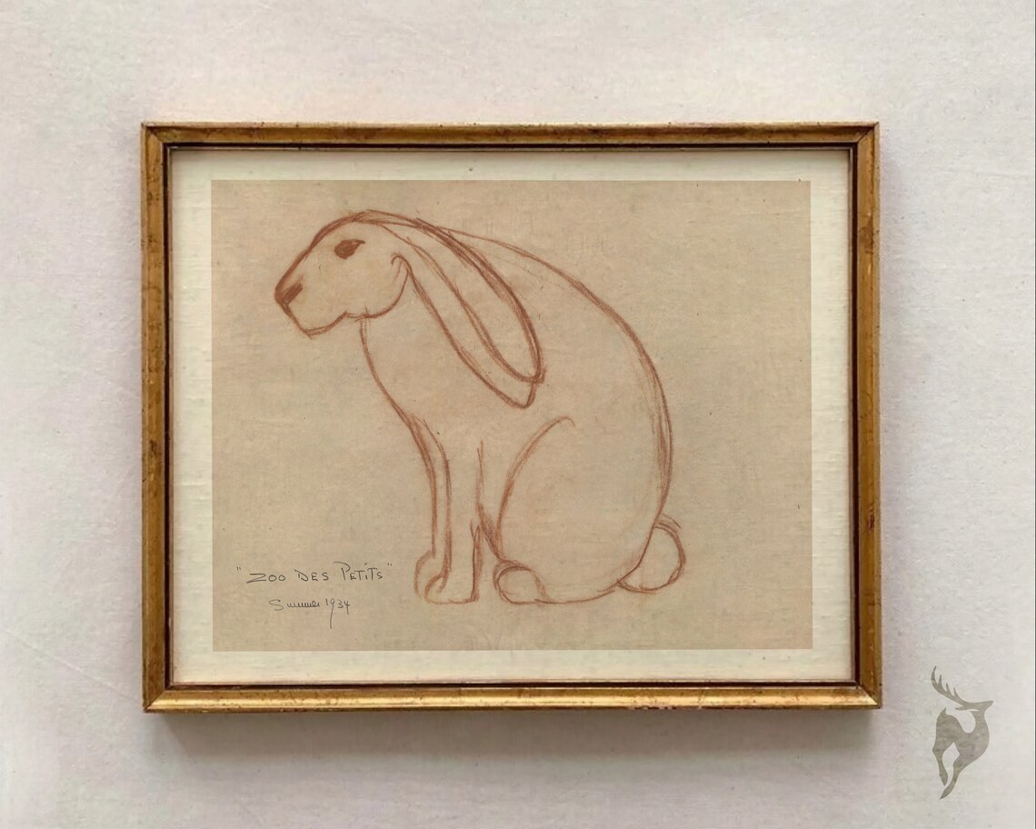 Vintage Bunny Sketch Print Monochrome Rabbit Drawing