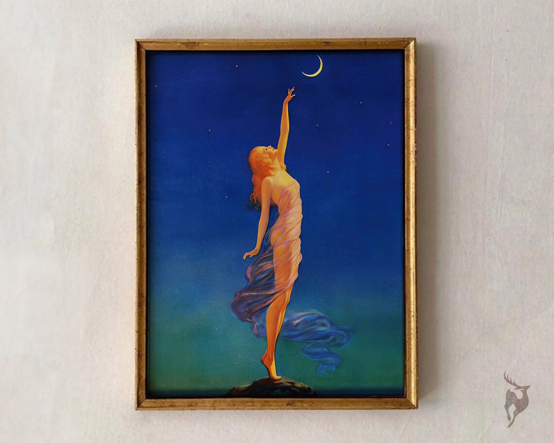 Reach for the Moon Vintage Art Deco Nude Fantasy Painting Print