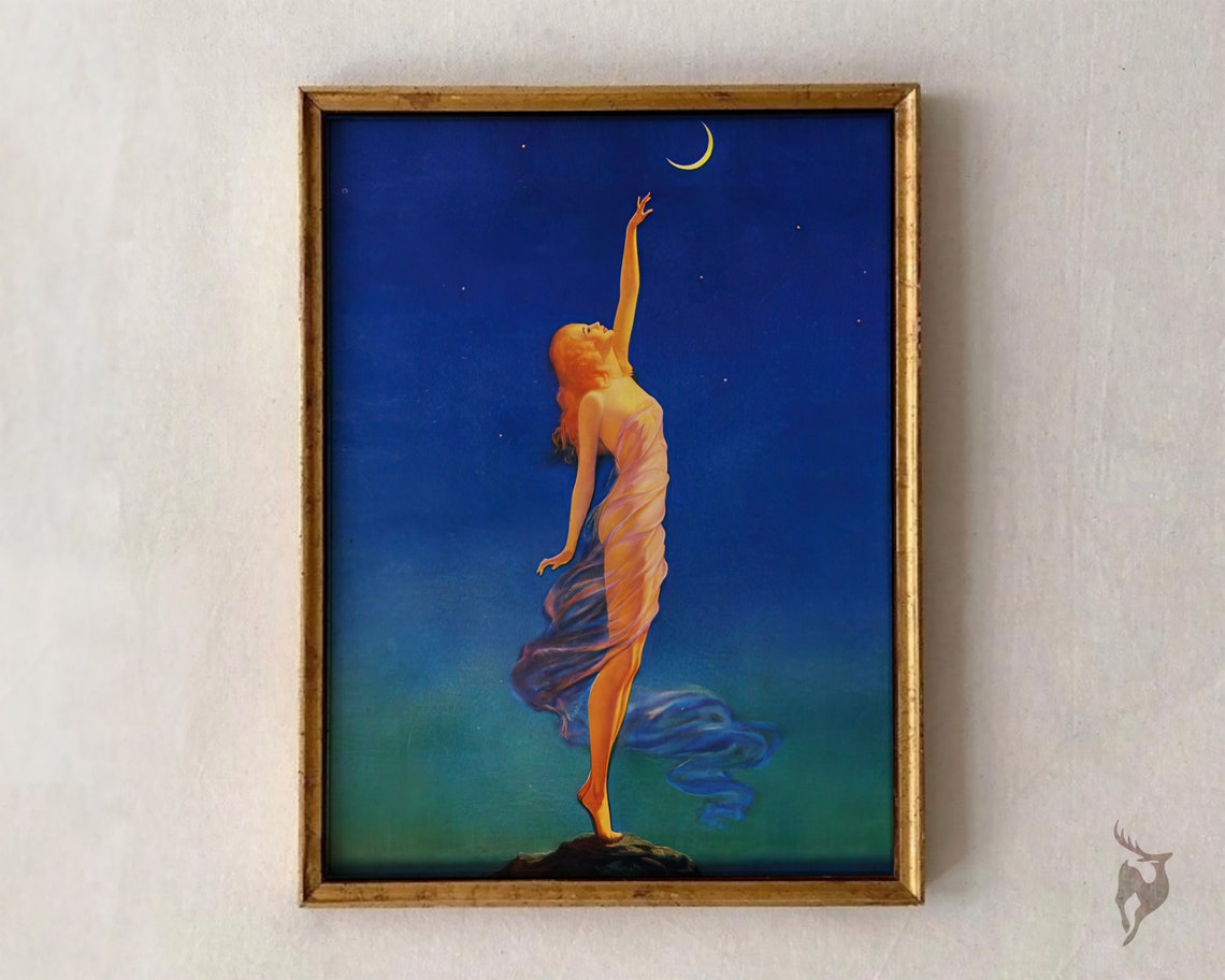 Surreal Woman Reaching for the Moon Art Print