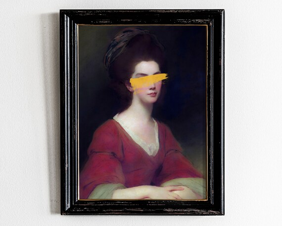Altered Vintage Lady Portrait Bold Yellow Paint Stripe Art Poster