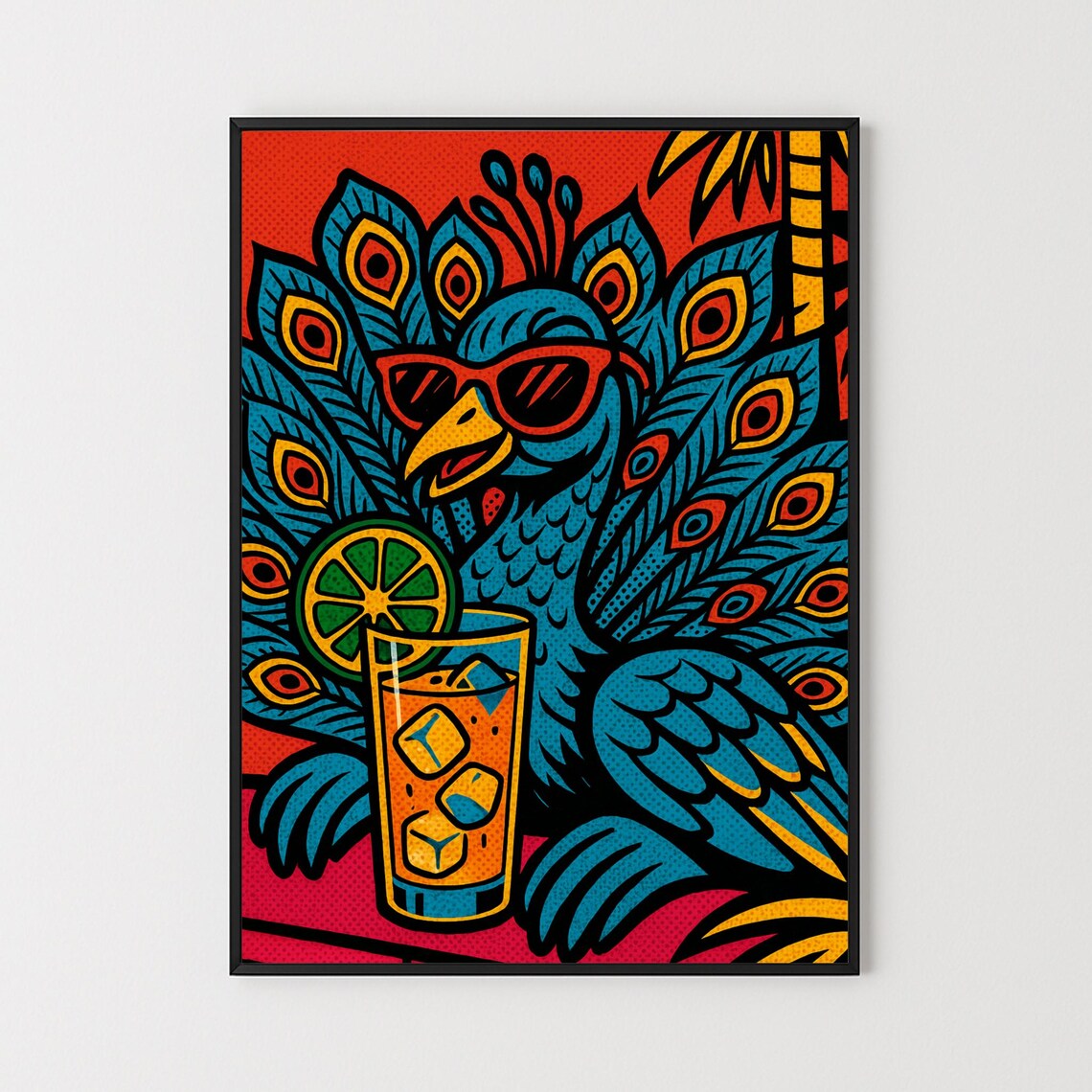 Peacock With Cocktail, Retro Pop Art Bird Poster
