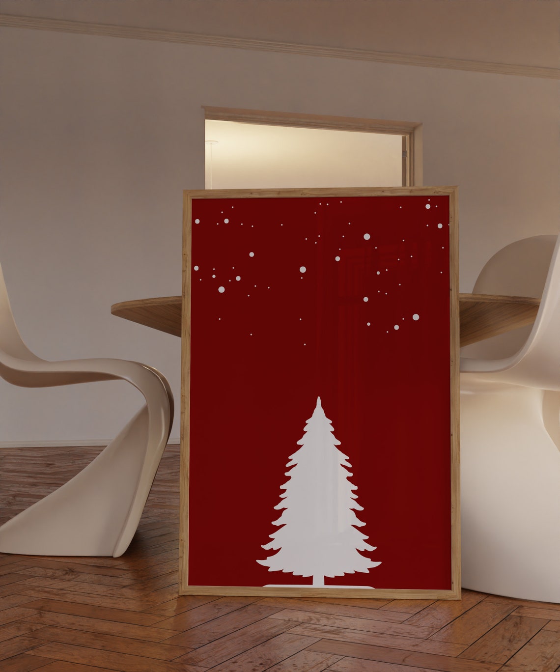 Minimalist Red Christmas Tree Snow Silhouette Holiday Poster - Image 2