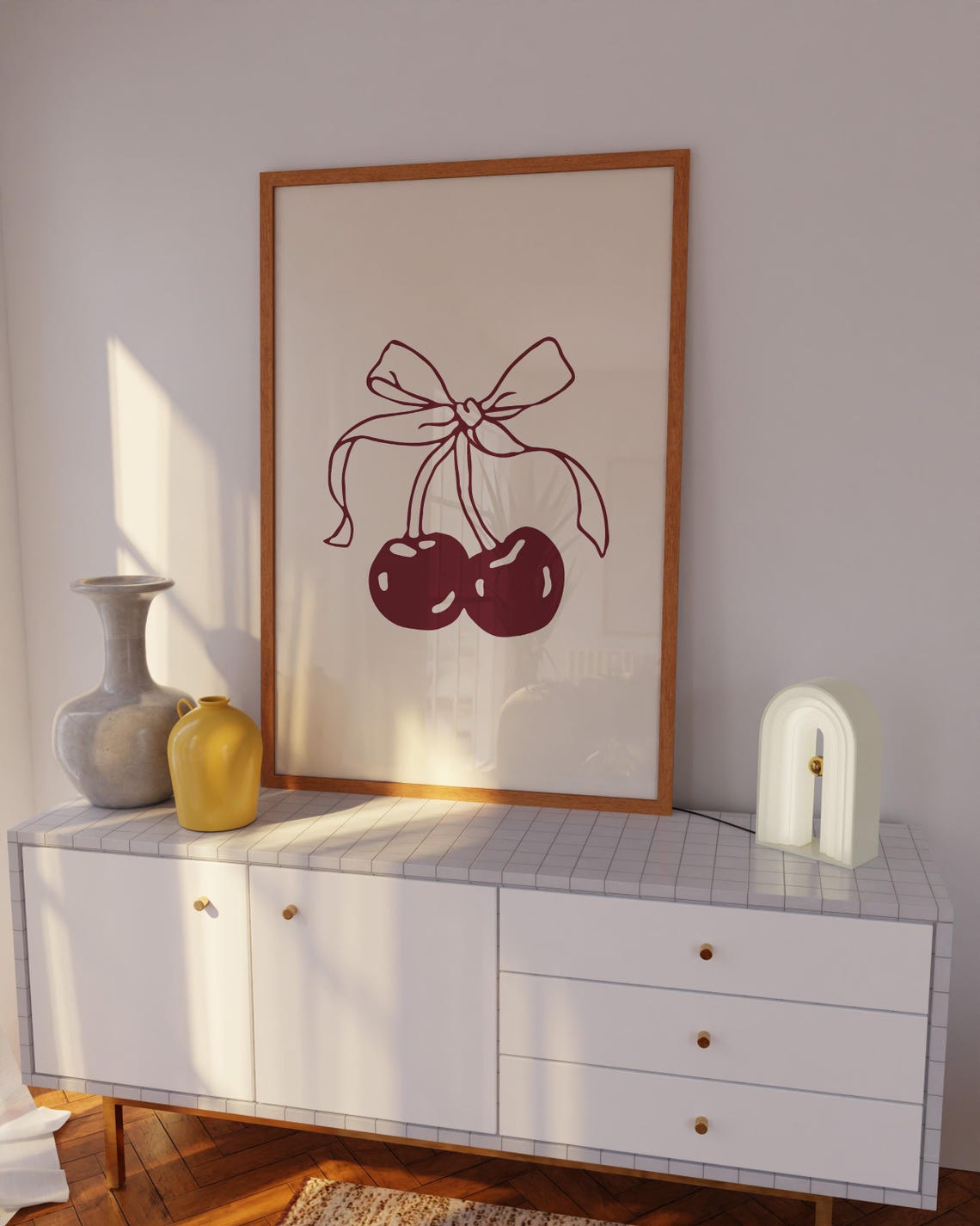 Burgundy Cherry Bow Cream Minimalist Fruit Kitchen Wall Art Print - Image 4