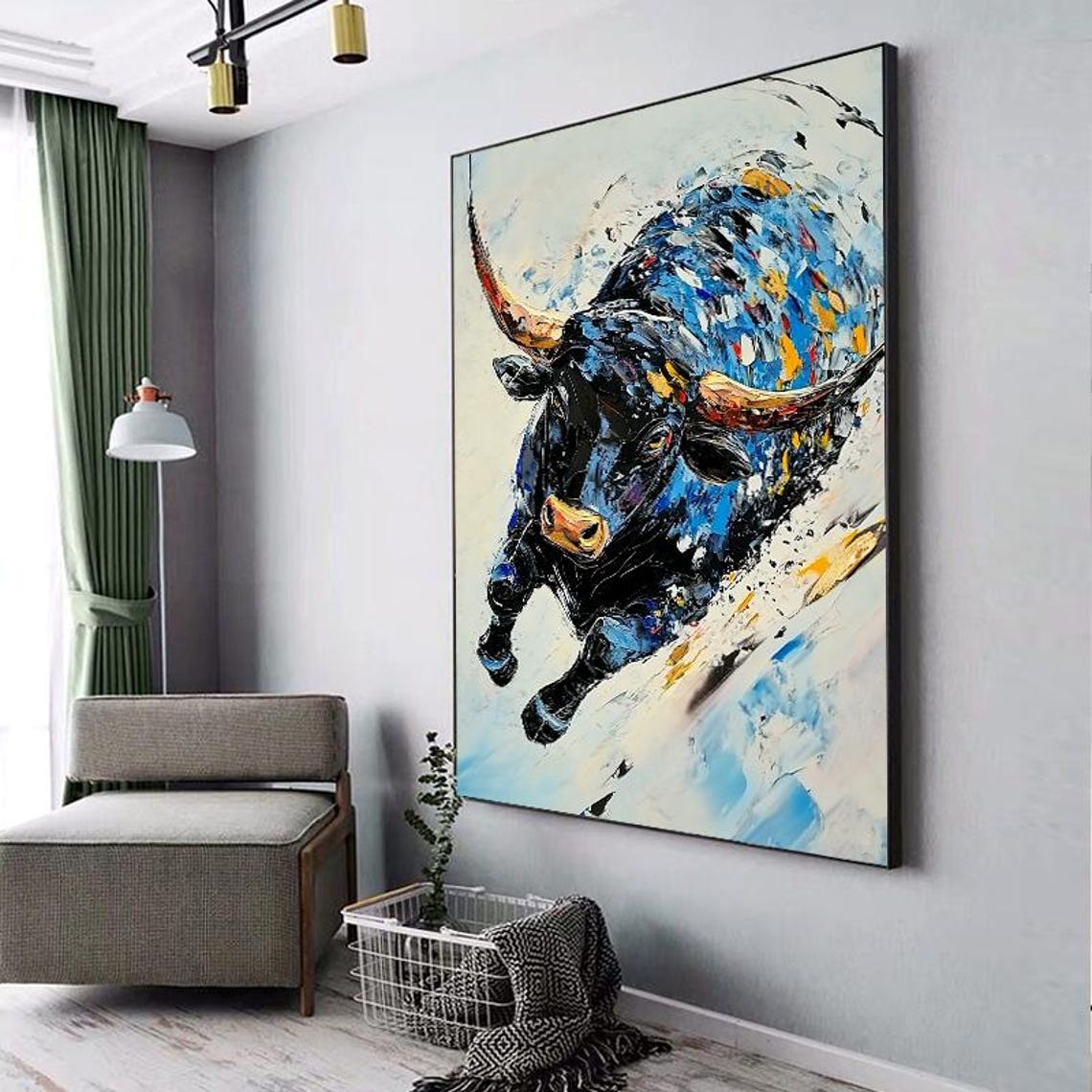 Powerful Charging Bull Abstract Blue Impasto Oil Painting Art Poster - Image 5