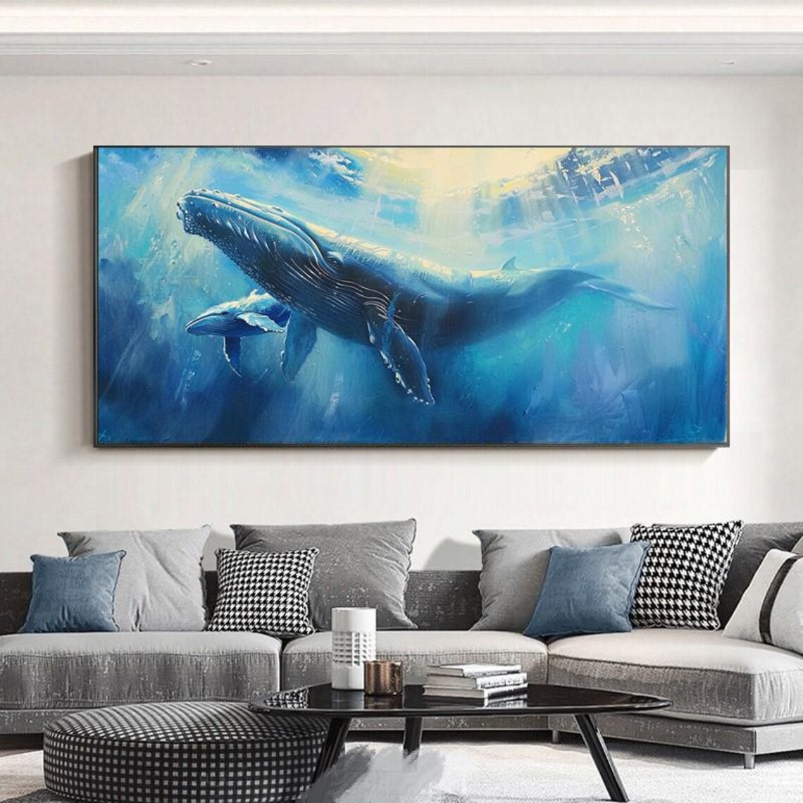 Abstract Blue Whale Ocean Art Print, Sunlit Oil Painting - Image 6