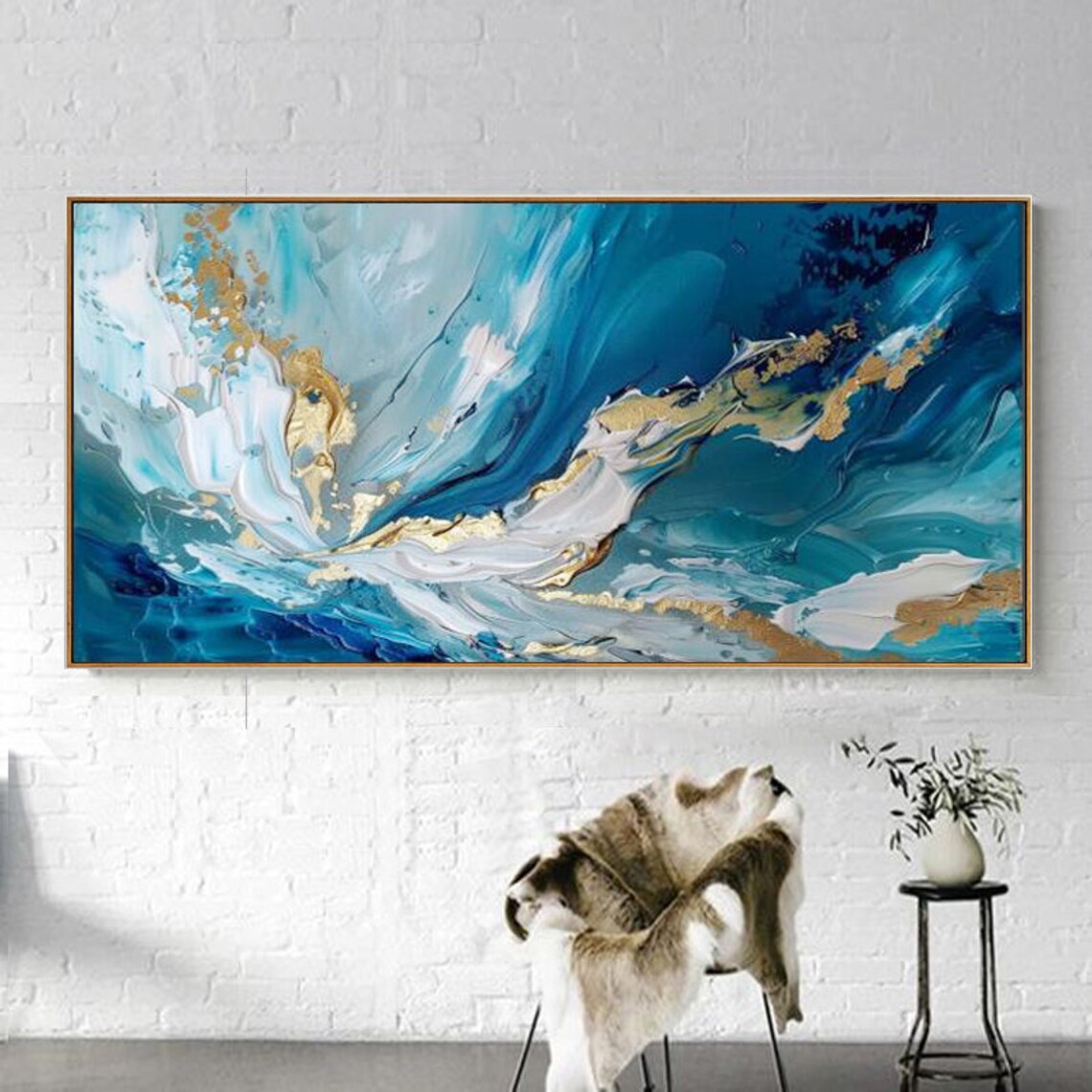 Abstract Blue Oil Painting With Gold Accents Art Print