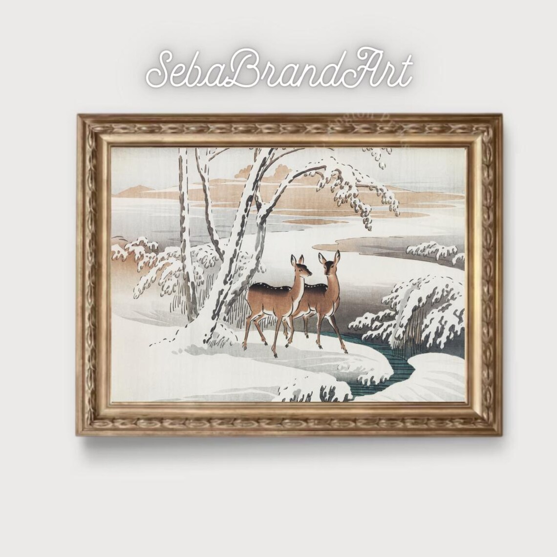 Two Deer Under Snowy Branches By Frozen Lake Japanese Ukiyo E Art Print - Image 2